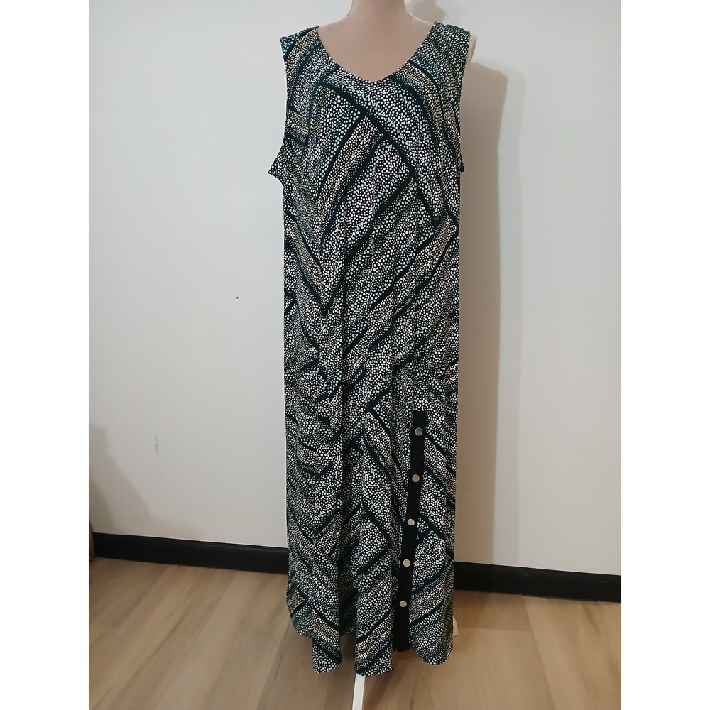 Susan Graver Womens 2X Green Geometric Dot Print Sleeveless Maxi Dress V-Neck